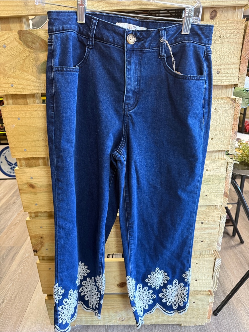 Cato Dark Blue Cropped Jeans with White Floral Hem Embroidery